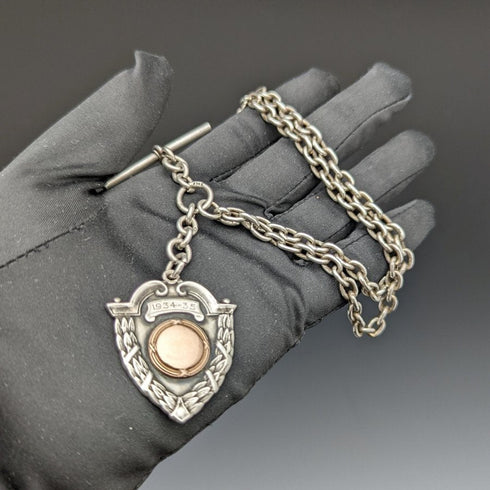 1920年頃 英国アンティーク 純銀(925シルバー)ダブルアルバートチェーン 52g 純銀エンブレムフォブ